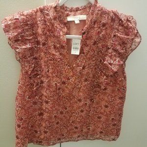 LOFT Floral Clip Ruffle Shell Sleeveless Blouse - Medium M Pink Floral NEW